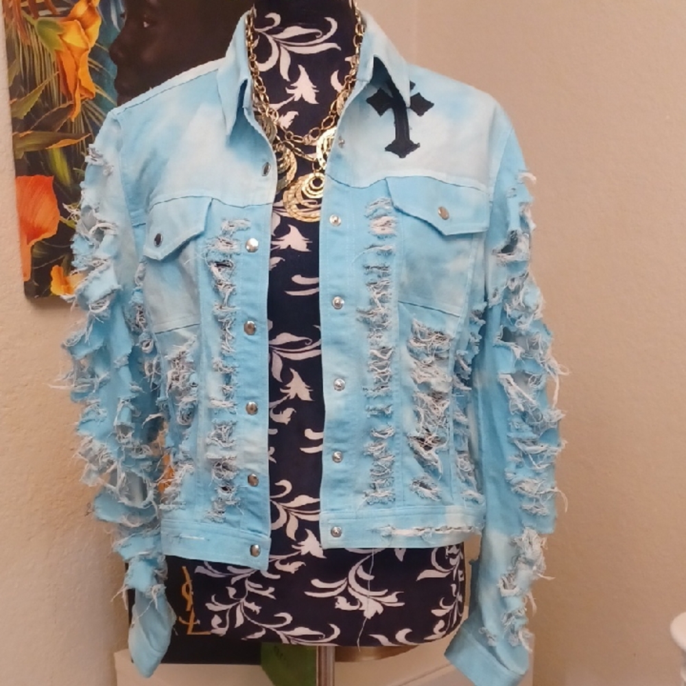 Edgy Light Blue Distressed Denim Jacket